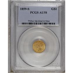1859-S G$1 AU58 PCGS. A hint of highpoint friction on 