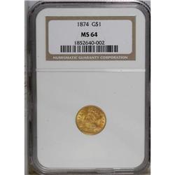 1874 G$1 MS64 NGC. This delightful Type Three gold dol 