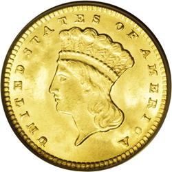 1874 G$1 MS66 PCGS. Pumpkin-orange luster dominates, a 