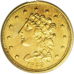 1839-C $2 1/2 AU55 PCGS. Recut 39, Winter 3-C, McClosk 