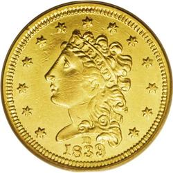 1839-D $2 1/2 AU50 PCGS. Winter 1-B, McCloskey-B, R.4. 