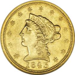 1843 $2 1/2 MS61 NGC. Scarcer than its mintage of 100, 