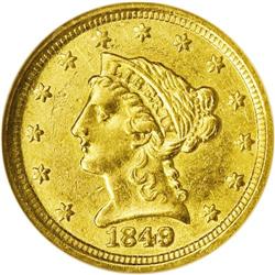 1849-D $2 1/2 AU55 NGC. Variety 11-M. Well struck for 