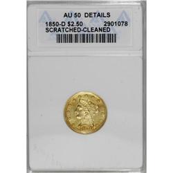 1850-D $2 1/2 --Scratched, Cleaned--ANACS. AU50 Details 