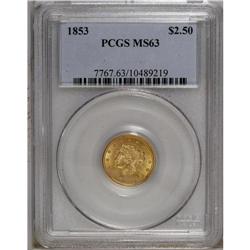 1853 $2 1/2 MS63 PCGS. A solidly struck example that h 