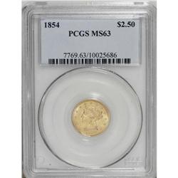 1854 $2 1/2 MS63 PCGS. Select with highly lustrous yel 