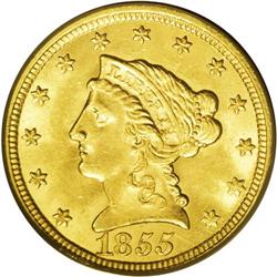 1855 $2 1/2 MS64 PCGS. A fully lustrous and refreshing 