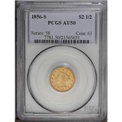 1856-S $2 1/2 AU50 PCGS. Deep orange occupies the peri 
