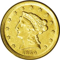 1859-D $2 1/2 AU55 PCGS. Variety 21-M. Luster brighten 
