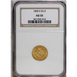 1860-S $2 1/2 AU55 NGC. A lightly worn wheat-gold exam 