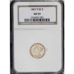 1867-S $2 1/2 AU53 NGC. Both sides, but the reverse in 