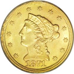 1871-S $2 1/2 MS63 PCGS. Well struck with pleasing lim 