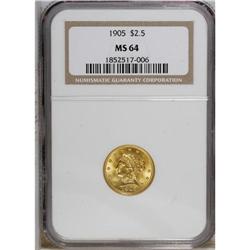 1905 $2 1/2 MS64 NGC. The yellow-orange surfaces pale 