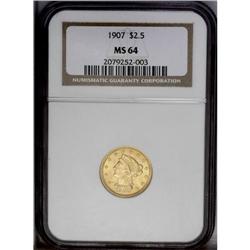 1907 $2 1/2 MS64 NGC. A solidly struck yellow-gold pie 