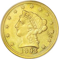 1893 $2 1/2 PR62 PCGS. A bit of field chatter, tiny co 