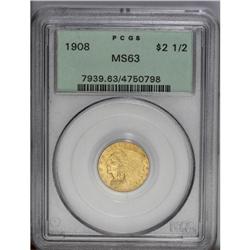 1908 $2 1/2 MS63 PCGS. A lustrous yellow-orange coin, 