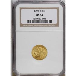1908 $2 1/2 MS64 NGC. A nicely struck near-Gem with a 