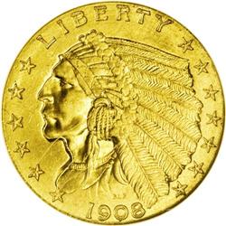 1908 $2 1/2 MS67 NGC. Bela Lyon Pratt''s quarter eagle 