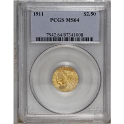 1911 $2 1/2 MS64 PCGS. The yellow-gold surfaces have a 