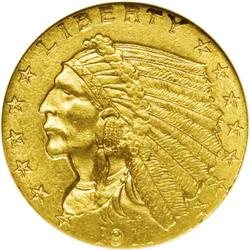 1911-D $2 1/2 MS62 NGC. Satiny yellow-gold surfaces ex 