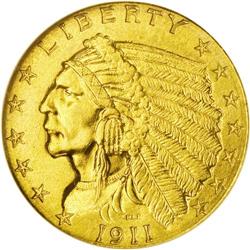 1911-D $2 1/2 MS64 NGC. Orange-gold toning fills the o 