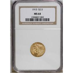 1915 $2 1/2 MS64 NGC. A shining wheat-gold near-Gem th 