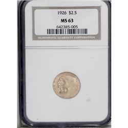 1926 $2 1/2 MS63 NGC. Peach-gold accents grace the sat 