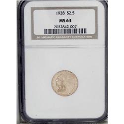 1928 $2 1/2 MS63 NGC. Peach-gold patina occupies each 