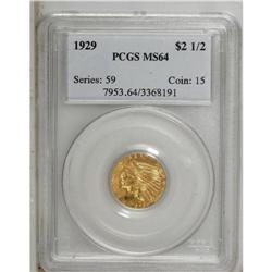 1929 $2 1/2 MS64 PCGS. A solidly struck wheat-gold nea 