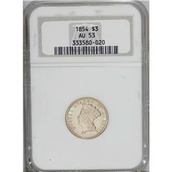 1854 $3 AU53 NGC. Bright luster dominates the wreath a 