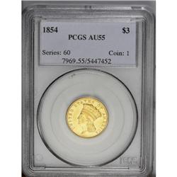 1854 $3 AU55 PCGS. Light highpoint wear appears on eac 