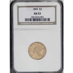 1855 $3 AU53 NGC. Vestiges of original luster appear o 