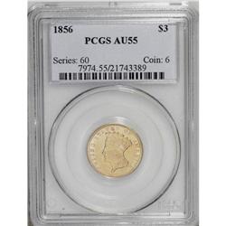 1856 $3 AU55 PCGS. A trace of highpoint wear keeps thi 