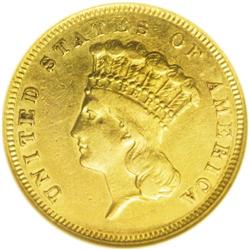 1856-S $3 AU53 NGC. Breen-6356. The scarce Small S var 