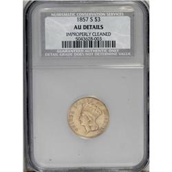 1857-S $3 --Improperly Cleaned--NCS. AU50 Details. The 