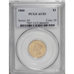 1866 $3 AU53 PCGS. A briefly circulated yellow-orange 