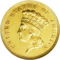 1870 $3 AU55 NGC. Much prooflikeness remains on the li 