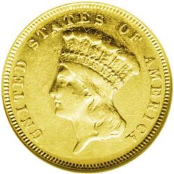 1873 $3 Closed 3 AU53 NGC. Distinct semi-prooflikeness 