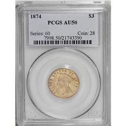 1874 $3 AU50 PCGS. A still-lustrous honey-gold piece w 