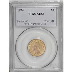 1874 $3 AU53 PCGS. Lightly worn but well struck with r 