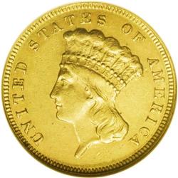 1889 $3 AU55 NGC. Although the mintage fell in this ye 