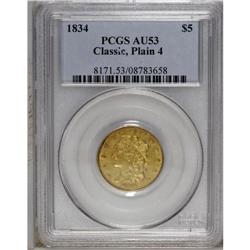 1834 $5 Plain 4 AU53 PCGS. Breen-6501, McCloskey 3-B, 