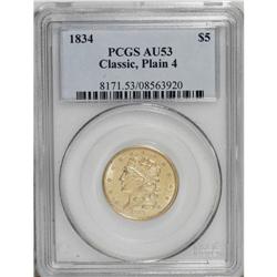 1834 $5 Plain 4 AU53 PCGS. No Motto, Small Head, Breen 