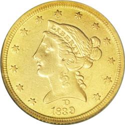 1839-D $5 --Improperly Cleaned--NCS. XF Details. Variet 