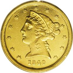 1840-C $5 AU55 PCGS. Two reverse die varieties are kno 