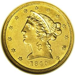 1840-D $5 Tall D MS61 NGC. Ex: Duke''s Creek. Variety 