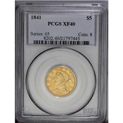 1841 $5 XF40 PCGS. A lightly worn gold-orange coin wit 