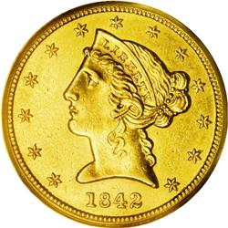 1842 $5 Large Letters AU58 PCGS. This is an attractive 