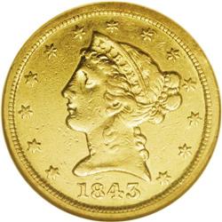 1843-C $5 AU50 NGC. Variety 6-C. Bright luster is part 