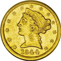 1844-D $5 AU58 NGC. Not Variety 11-H. The obverse die 